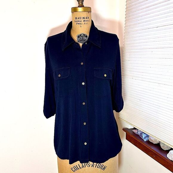 Charter Club Dark Navy Button-Up soft knit jersey short sleeve Shirt size Large - Picture 2 of 10